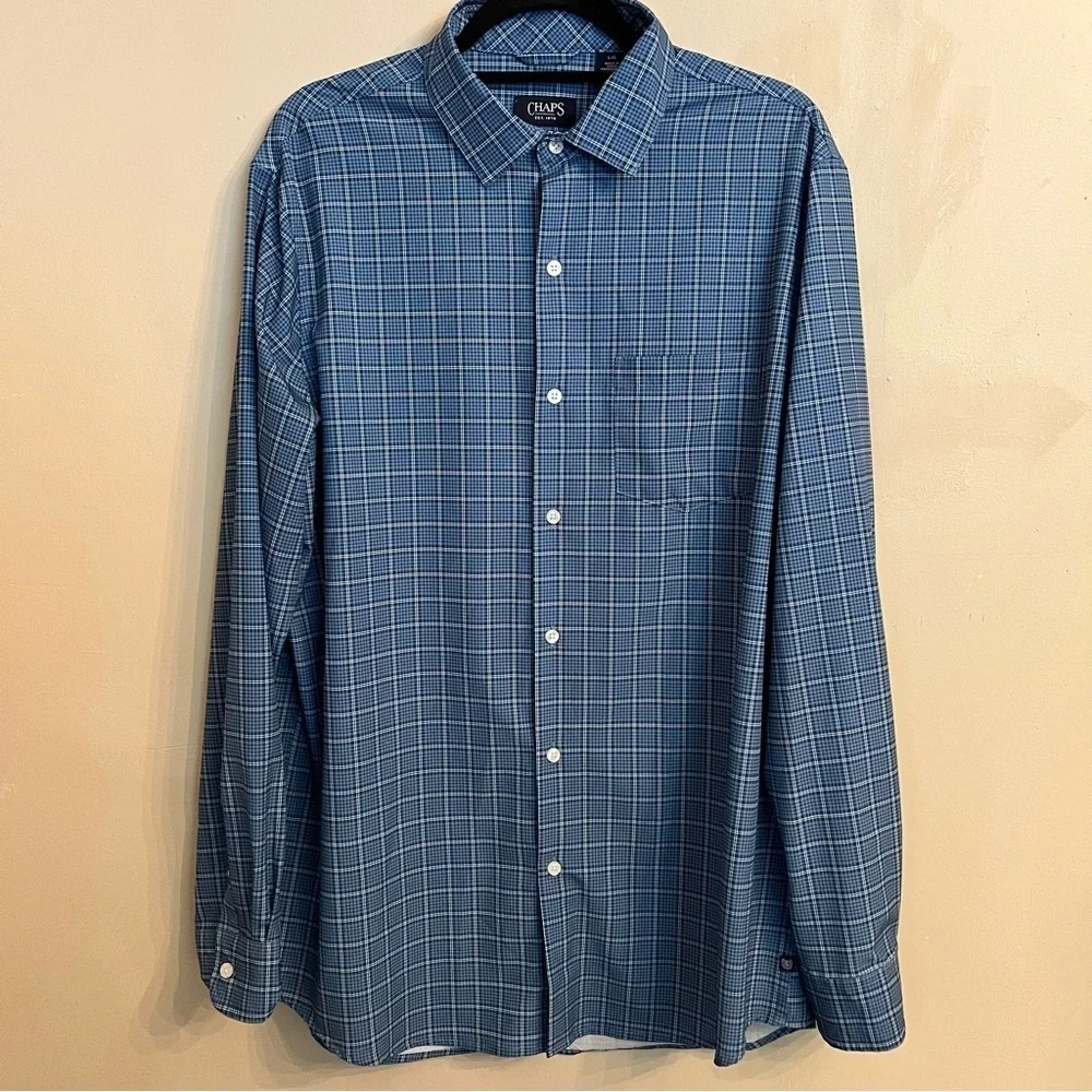 chaps button down dress shirts Mens Navy Comfort Stretch Tall Fit Button-Down Shirt 17 38/39 Tall American style chaps dress shirts Chaps long